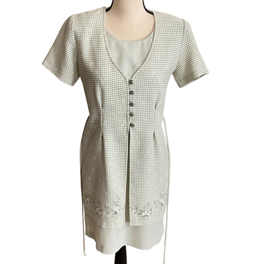 90s Basic Editions Dress Sze S Sage Gingham Embroidery Easter Lagenlook Twee